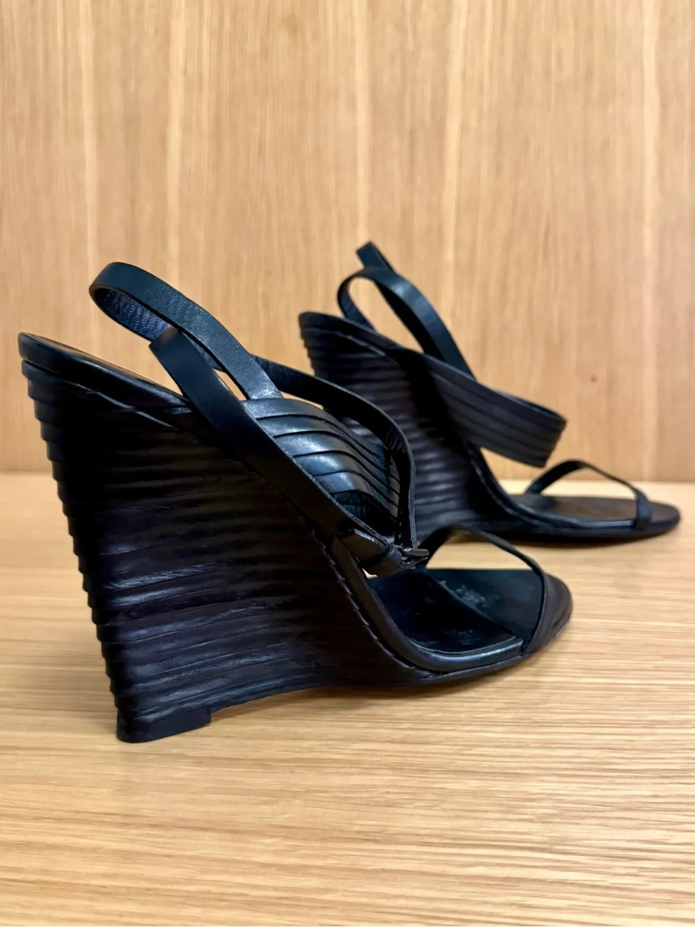 Bottega Veneta Black Leather Wrap-Around Wedge Sandals